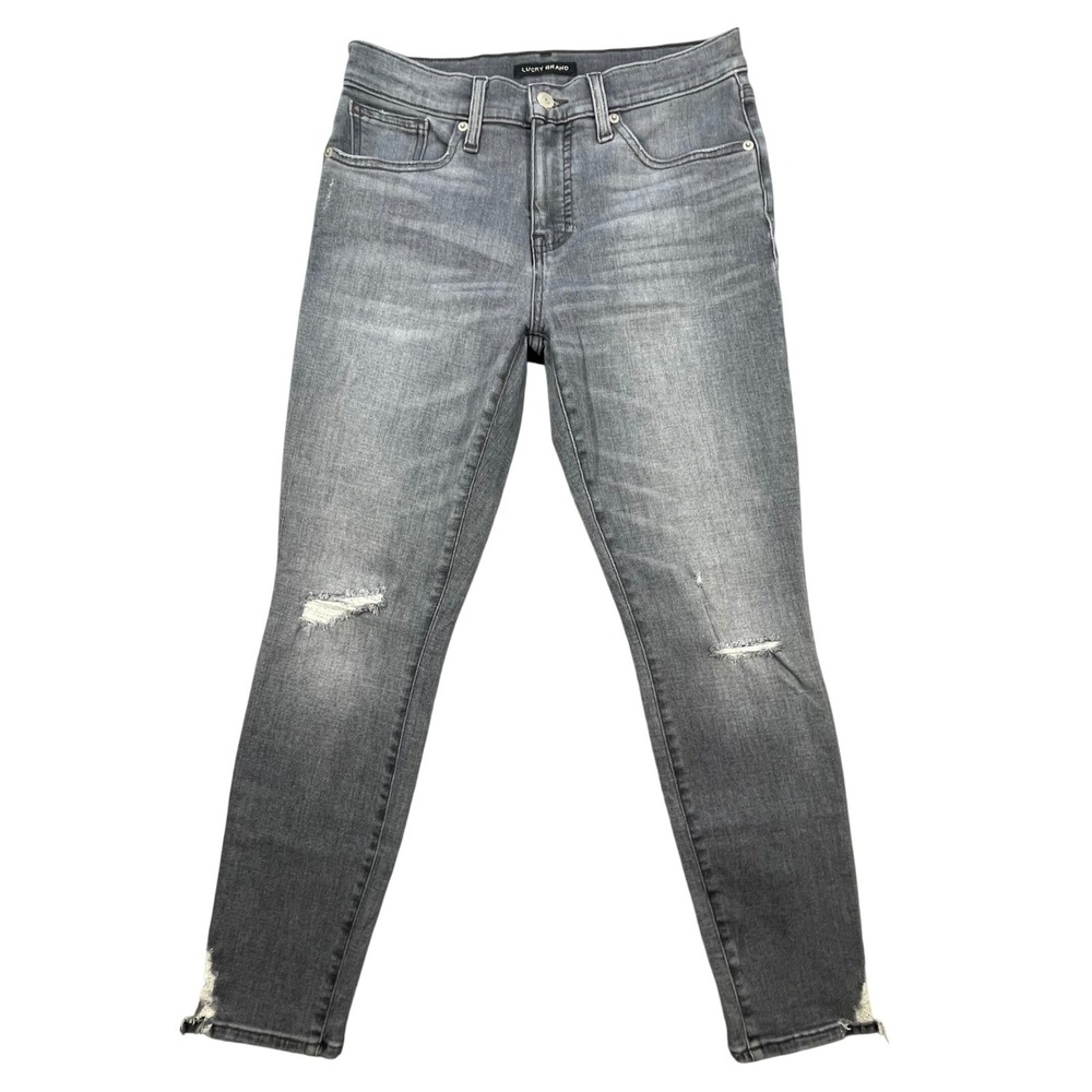 Lucky Brand Grey Jeans Ava Mid Rise Skinny Distressed Frayed Hem Womens 6